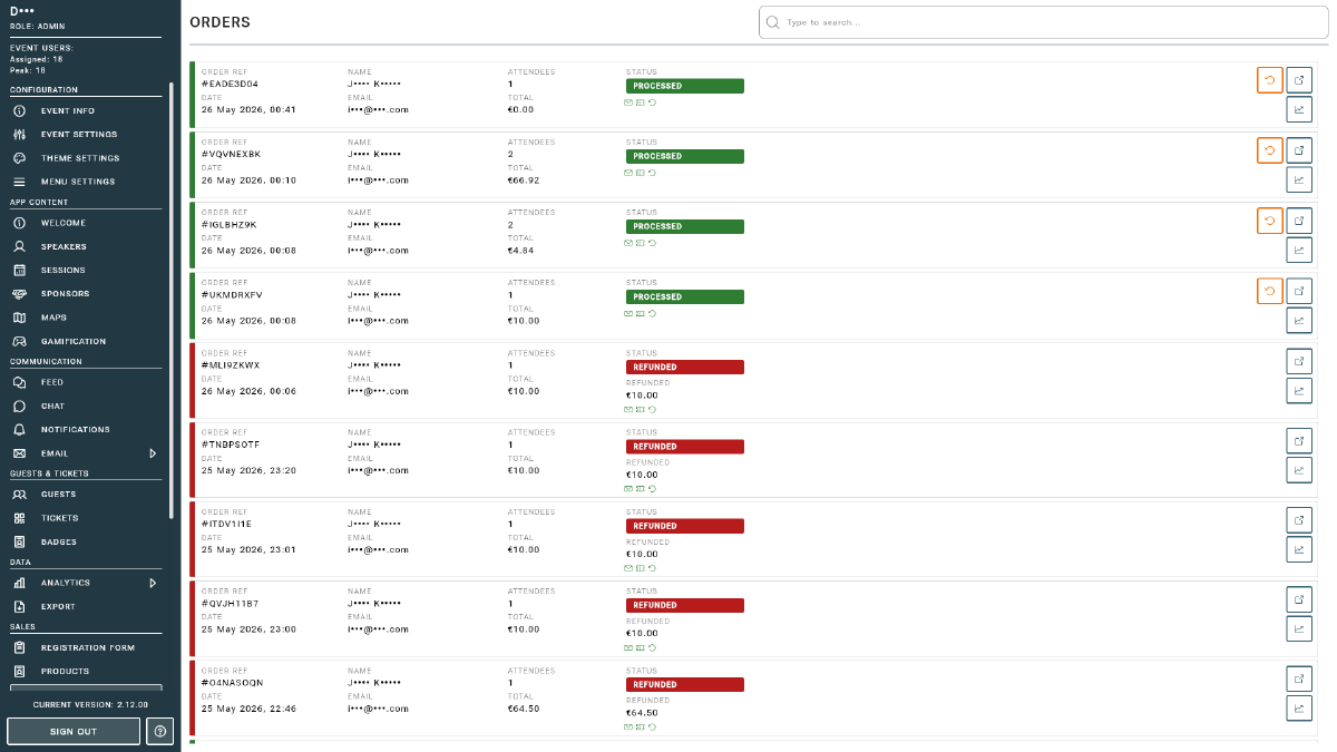 Orders list showing buyer, totals, and status