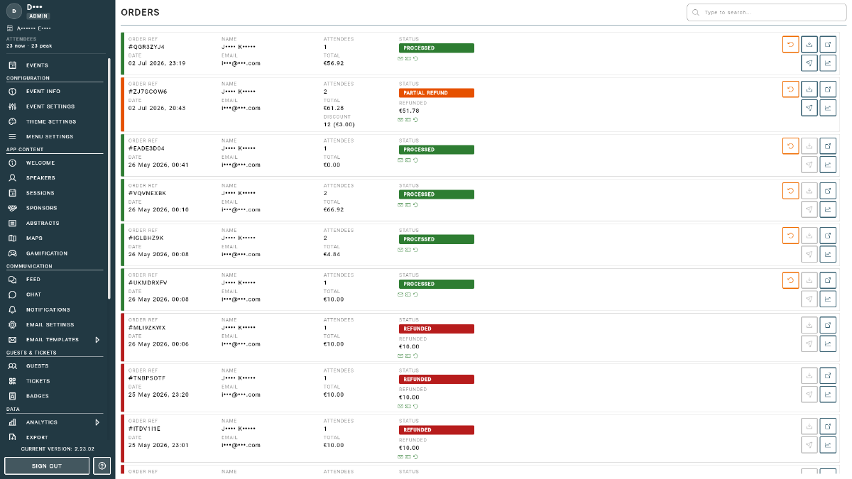 Orders list showing buyer, totals, and status