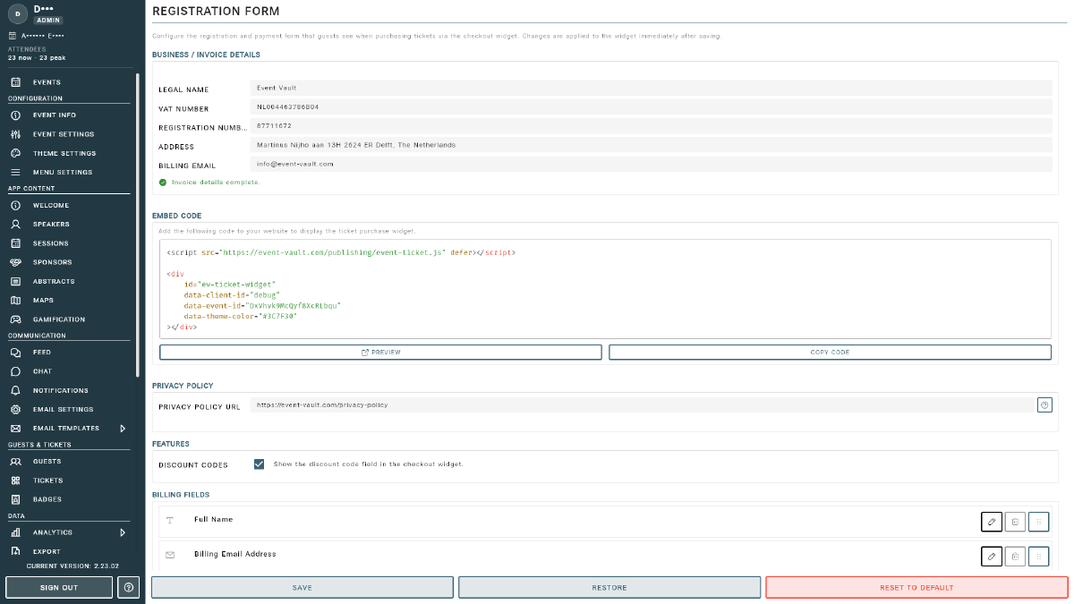 Registration form setup with billing fields and features