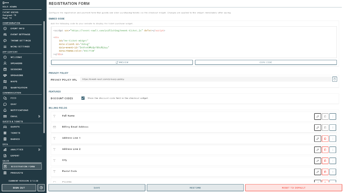 Registration form setup with billing fields and features