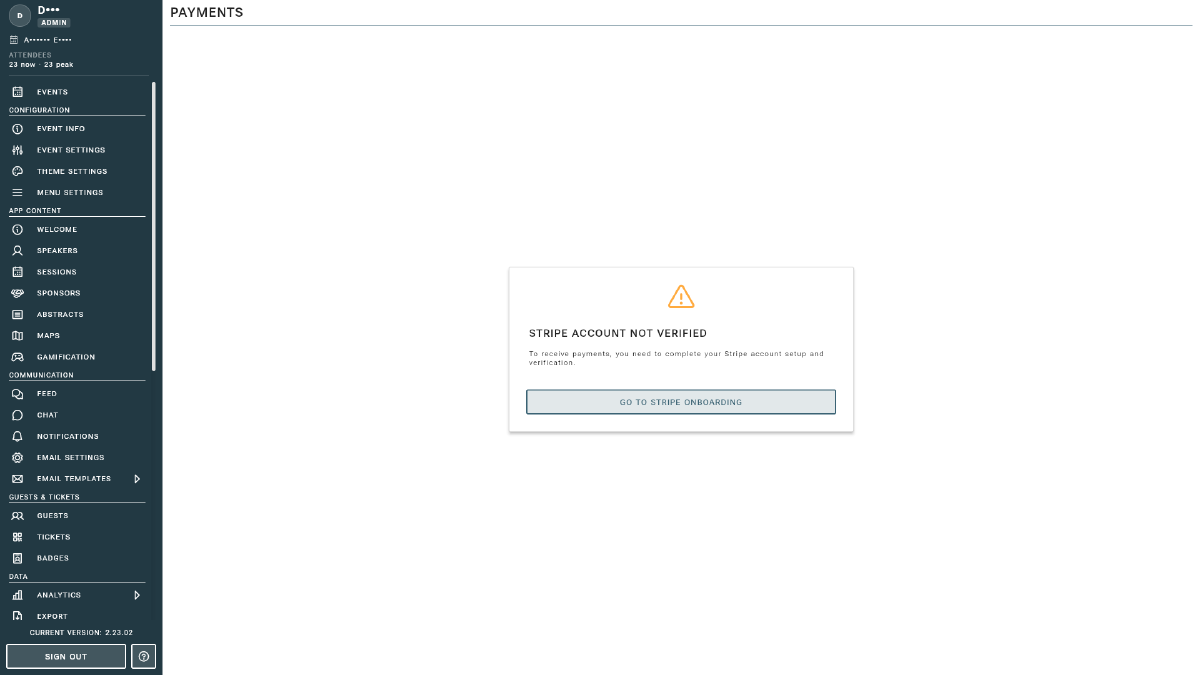 Stripe payments view embedded in the console
